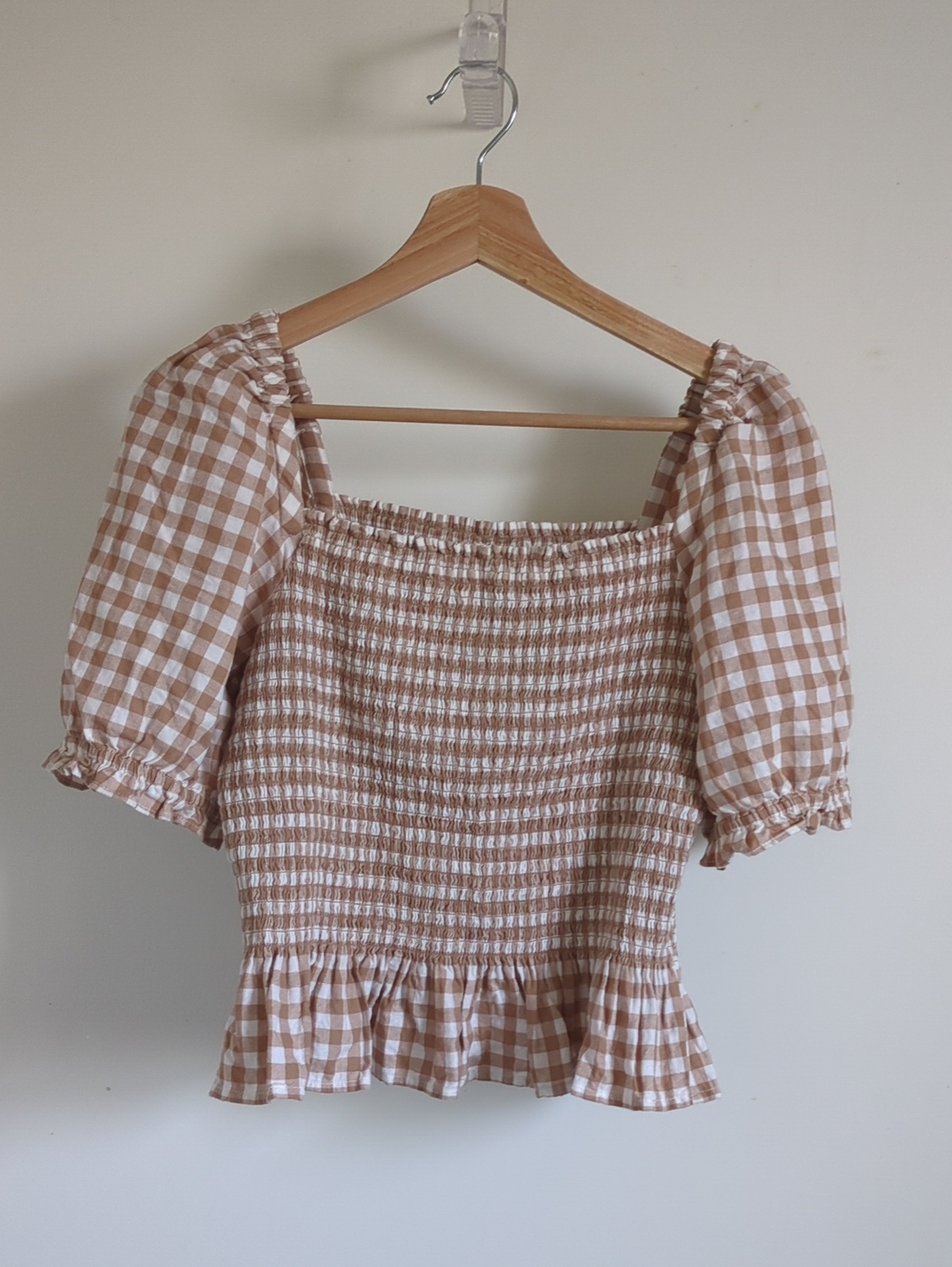 J. Crew Beige and White Gingham Smocked Puff Sleeve Top